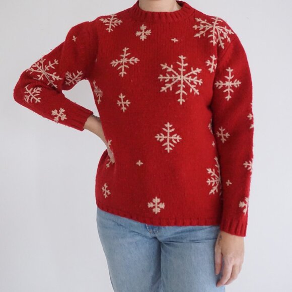 Vintage Eddie Bauer Red Wool Snowflake Sweater M | Cozy Winter Holiday Ski Lodge - Picture 1 of 9